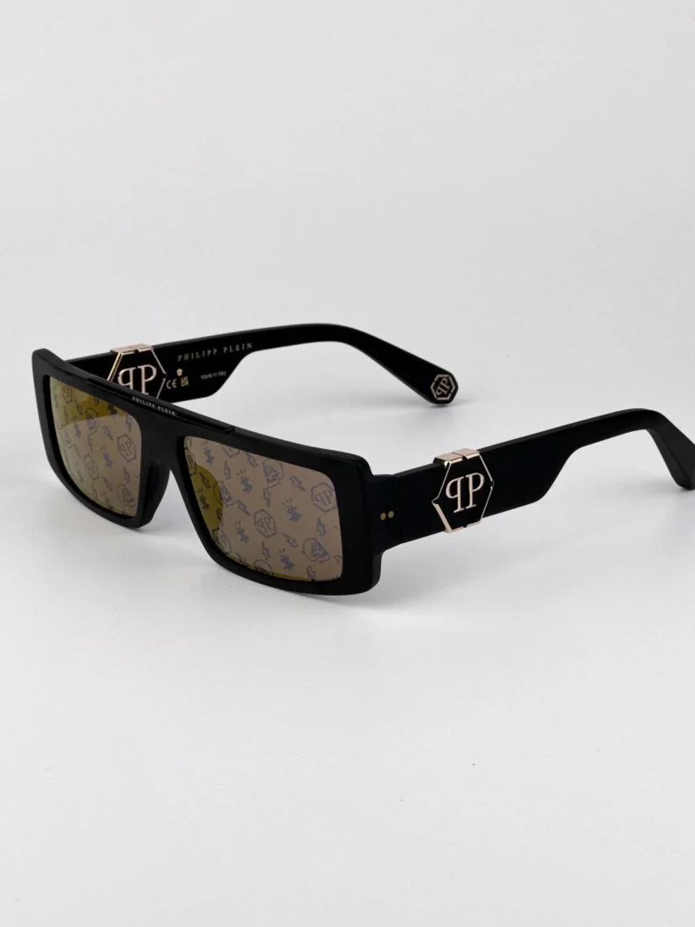Philipp Plein Men’s Sunglasses Black Gold Mirror Pattern Rectangle SPP003M 703L